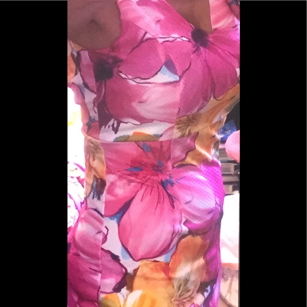 Ovi Fuchsia Pink Yellow Floral Print Sleeveless Sheath Lined Dress NWOT - Picture 6 of 16